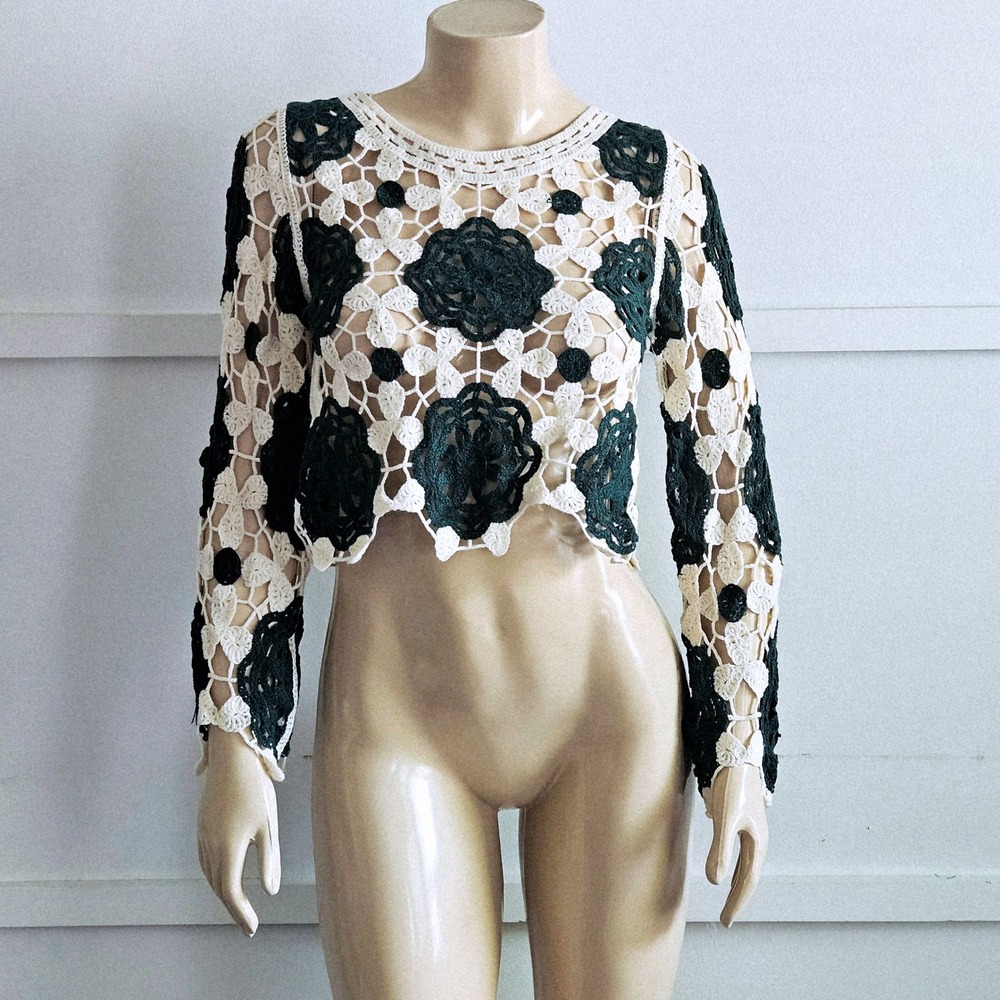 Rebellion Again Womens Crochet Floral LS Cropped Open Knit Top Cream Boho S
